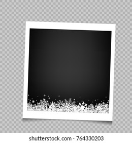 Christmas Photo Frame With Snow And Shadow On Transparent Background. Photograph Empty Blank Holiday Celebration Template. Retro Memory Picture