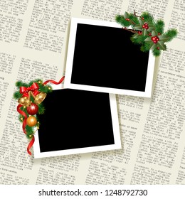 Christmas photo frame. Template of frame for festive photos with decorations. Vector illustration