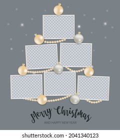 Christmas Photo frames Mockup.  Empty template with shiny balls and beads. vertical composition on gray background. Vector 3d realistic. Holiday collage. EPS10.