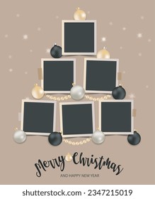 Christmas Photo frames Mockup. Empty square photo cards with shiny balls and beads. Six black templates for greeting cards, collage, presentation, congratulations, albums. Winter composition. EPS10.