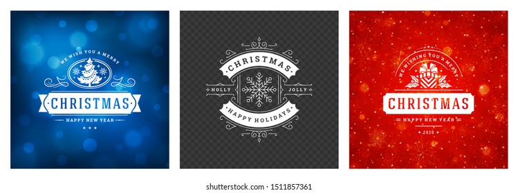 Christmas photo overlays vintage typographic design, ornate decorations symbols with winter holidays wishes, floral ornaments and flourish frames. Vector illustration.