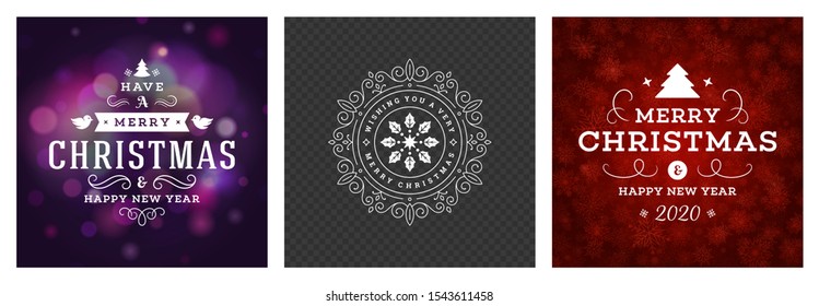 Christmas photo overlays vintage typographic design, ornate decorations symbols with winter holidays wishes, floral ornaments and flourish frames. Vector illustration.