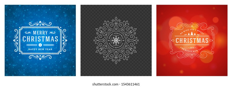 Christmas photo overlays vintage typographic design, ornate decorations symbols with winter holidays wishes, floral ornaments and flourish frames. Vector illustration.