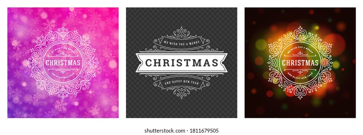 Christmas photo overlays vintage typographic design, ornate decorations symbols with winter holidays wishes, floral ornaments and flourish frames. Vector illustration.