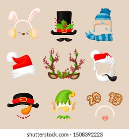 Christmas photo prop booth mask collection. Santa, deer horn with berries, snowman, lop-eared hare ears, santa hat and other photo booth elements for christmas party, selebration. Fun xmas collection