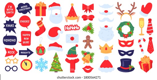 Christmas photo props. New year party, photo booth with masquerade decor santa hat and beard. Elf hat, gift, xmas stocking vector set. Accessories and decoration as envelope, fir tree, holly berry