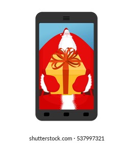 Christmas Photo Santa. Photographing your smartphone. Claus give gift Gloves and box with bow. Illustration for new year