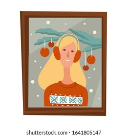 Christmas photo, young woman in earmuffs with Xmas tree branch, isolated icon vector. Girl in knitted sweater portrait in frame. Family member photography, female character shot in wooden framing