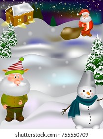Christmas Photo zone. Christmas poster design with Santa Claus, elf and snowman.