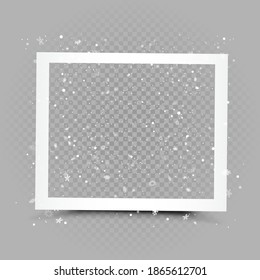 Christmas photography frame with blowing snow on gray background. Holiday celebration photo shape template