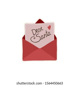Christmas phrase “Dear Santa” isolated on envelope with letter. Vector overlay template. Holiday illustration. Perfect for Christmas cards, decorations, invitations, banners, labels, discounts. 
