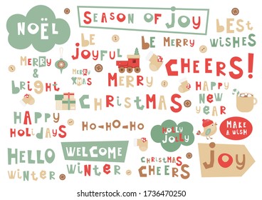 Christmas Phrases Set. Hand Drawn Xmas and New Year Quotes, Phrases and Words. Vector Illustration.