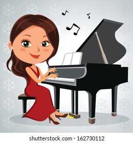 Christmas Piano Recital. Vector Illustration Of A Pretty Woman Having Music Performance.