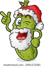 Christmas pickle cartoon character dressed as santa claus while pointing and giving a mischievous wink because he is always watching all of the girls and boys for his list 