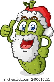 Christmas Pickle cartoon character wearing a santa hat with a big white snowy beard giving an enthusiastic thumbs up full of holiday cheer vector clip art