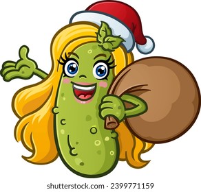 Christmas pickle girl cartoon character with a santa hat and a sack full of christmas presents giving a ta da hand gesture and smiling big for the festive holiday season vector clip art