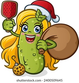 Christmas pickle girl cartoon character holding pickleball paddle and ball with a big sack of presents and toys for all the good girls and boys vector clip art