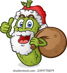 Christmas pickle santa with a big white snowy beard holding a big sack of toys and presents for all the good girls and boys and giving an enthusiastic thumbs up for the holidays