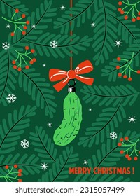 The Christmas Pickle. Vector holiday card. German folklore.
