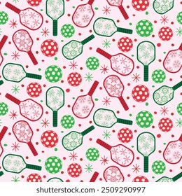 Christmas Pickleball Paddles decorated with Red and Green Snowflakes seamless pattern  on white background. For Christmas wrapping paper, fabric and sportswear 