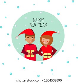 Christmas picture boy and girl with a gift in their hands in the vector