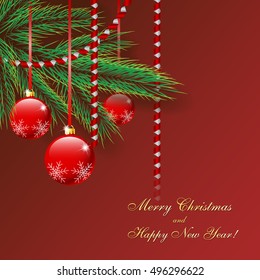 Christmas picture with fir tree, balls and serpentine. Vector illustration on a red background.