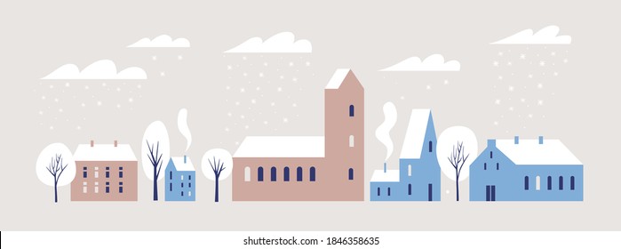 Christmas picture. Horizontal banner with the image of snowfall in the winter city. Snow-covered city with cozy nice houses and trees. Happy winter holidays. Vector colorful image.
