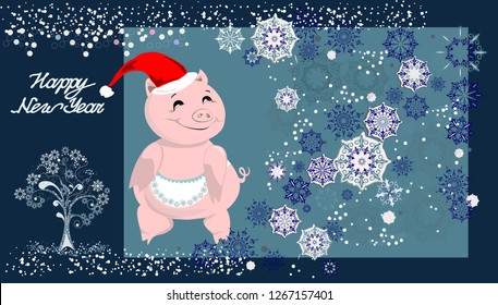 Christmas picture with a pink fun pig in a red cap, various snowflakes and a congratulatory inscription on a dark background. Vector illustration.