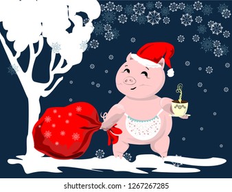 Christmas picture with a pink pig in a red Santa cap, with a cup of coffee and with a big bag of gifts on a dark blue background. New Year's pig is walking in the snow near a snowy tree and snowflakes
