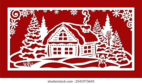 Christmas picture in a rectangular frame. Сarved image of cozy hut in coniferous snowy forest, snowman in snowdrift. Vector template for plotter laser cutting of paper, fretwork, metal engraving, cnc.