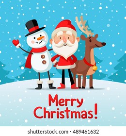 Christmas Picture With Santa, Reindeer And Snowman. Merry Christmas! Christmas Characters.