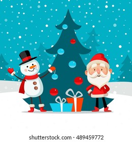 Christmas picture with Santa and snowman. Merry Christmas! Christmas characters.