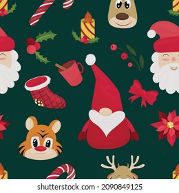 christmas picture of scandinavian gnome and christmas sock, cocoa, holly and santa claus, tiger and deer, vector seamless pattern in flat style on green background, new year and christmas