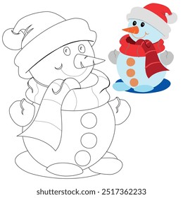 A Christmas picture in a vector. A snowman with a carrot for a nose. Children's coloring book for the development of creativity.