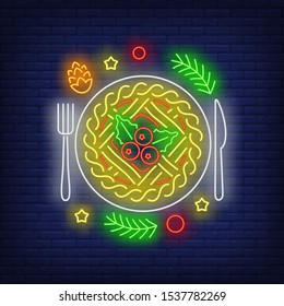 Christmas pie neon sign. Glowing neon cake, flatware. New year, Christmas, winter. Vector illustration in neon style for greeting card, invitation, announcement