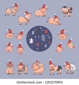Christmas pig animals vector illustrations, new year set