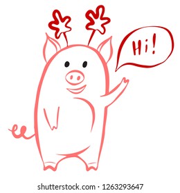 Christmas pig with Christmas antlers waving their hand. Vector illustration.