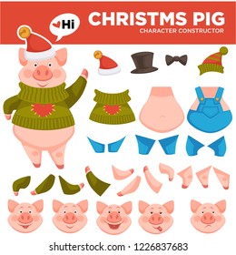 Christmas pig character construction, emoticons and clothes choice vector. Winter animal wearing hat of Santa Claus and knitted warm sweater with heart print. Happy piglet face with smile and surprise