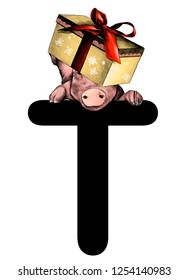 Christmas pig with festive box with bow on his head hanging on top of the letter T part of the word Christmas, sketch vector graphics color illustration on white background