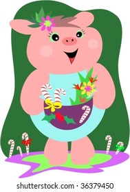 Christmas Pig with Gift Basket Vector