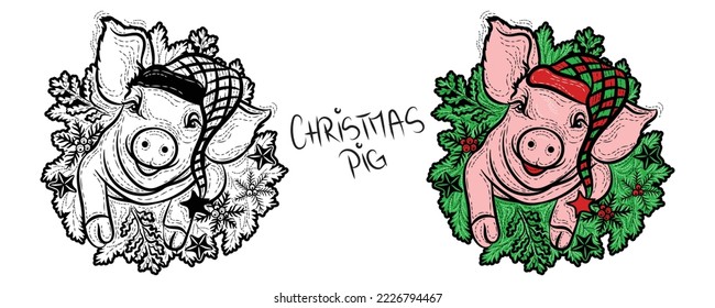 Christmas Pig Hand Draw vector isolated illustration. Winter Holiday love and joy with cute farm domestic animal. 