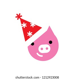 Christmas pig icon. Piggy wearing Santa hat mask. Vector illustration