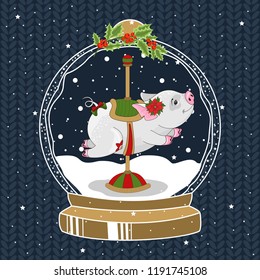 Christmas Pig in a magic ball. Winter background with inscription. Vector illustration.