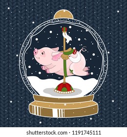 Christmas Pig in a magic ball. Winter background with inscription. Vector illustration.
