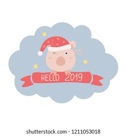 Christmas pig on a snow cloud. Vector image for printing on postcards, clothes, Souvenirs, posters, banners. Children's card design happy new year.