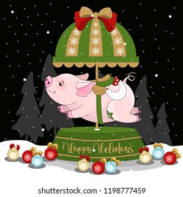 Christmas Pig on a winter background with lettering. Vector illustration.