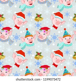 Christmas pig on winter background Seamless pattern