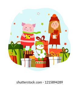  Christmas pig ,snowman, elf and christmas presents.Vector illustration.
