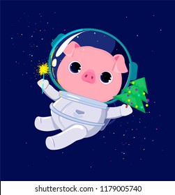 Christmas, a pig in space with a tree and Bengal fire. symbol of the year 2019