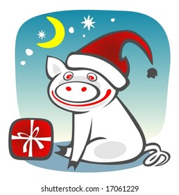 Christmas piggy and box on  a blue sky background. Christmasl illustration.